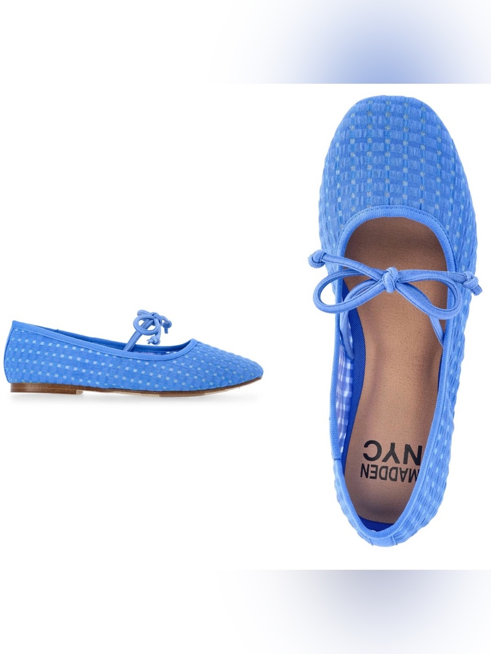 NWT: Madden NYC Girls Blue Gingham Mesh Ballet Flats Lace Tie Mary Jane Shoes